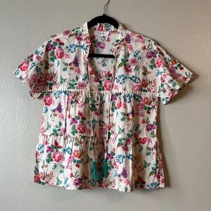 THML Anthropology Women’s Floral Blouse with Ruffle Sleeves Tassels Size S